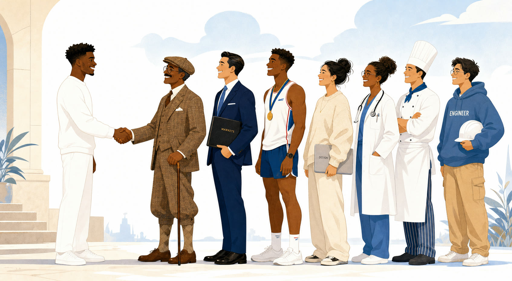 A line of professionals from different fields queuing to shake hands with you